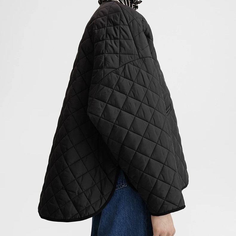 Nordic Niche Style Black Diamond Quilted Plaid Short Front Long Back Silhouette Jacket Cotton Coat for Women + Windproof Sleeves