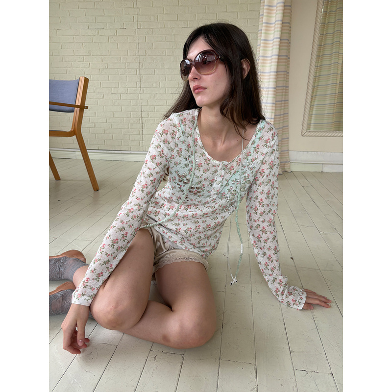 Floral Henry Shirt with Silver Foil Flowers, Visually Cooling, Mesh Sun Protection Floral Henry Shirt with Silver Foil Flowers, Visually Cooling, Mesh Sun Protection