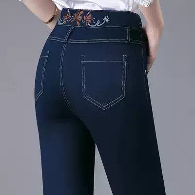 Middle-aged women's pants high waist plus velvet jeans women's new loose size middle-aged mother straight pants spring and autumn