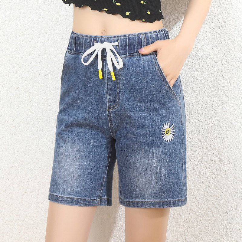 Large size denim shorts women's summer thin high waist thin fat mm200 pounds straight pants five-point pants plus fat increase