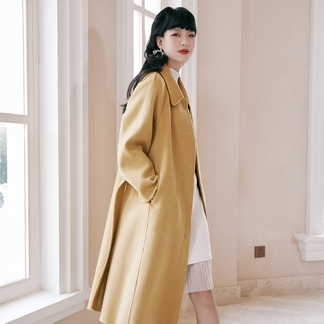 gcrues wool coat double-sided wool, feminine spring and autumn style lapel knea-length-length-length coat, high-end