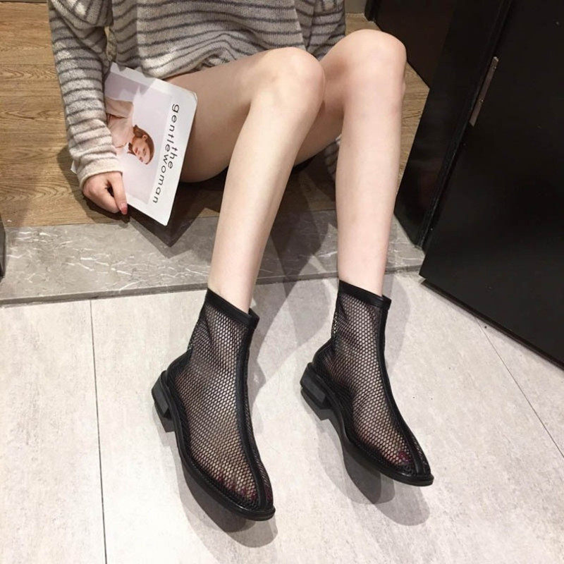 Internet celebrity 2022 summer high top hole mesh sandal boots women's mid-tube breathable short boots Roman zipper mesh boots sandals