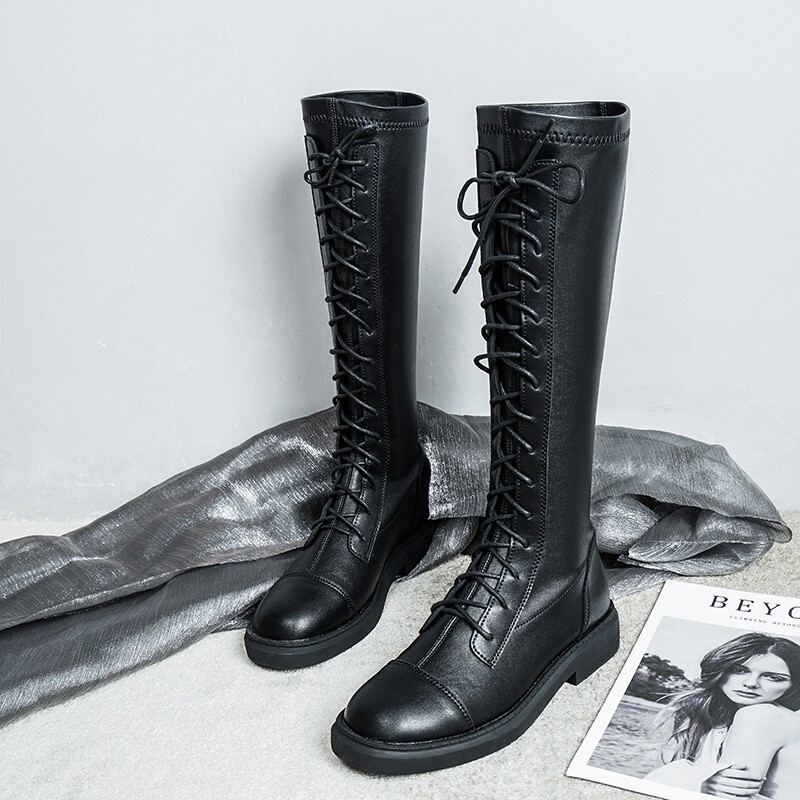 Boots women's 2021 autumn and Winter high barrel Martin boots Leather boots Lace-up elastic knee-high boots Riding boots Velvet