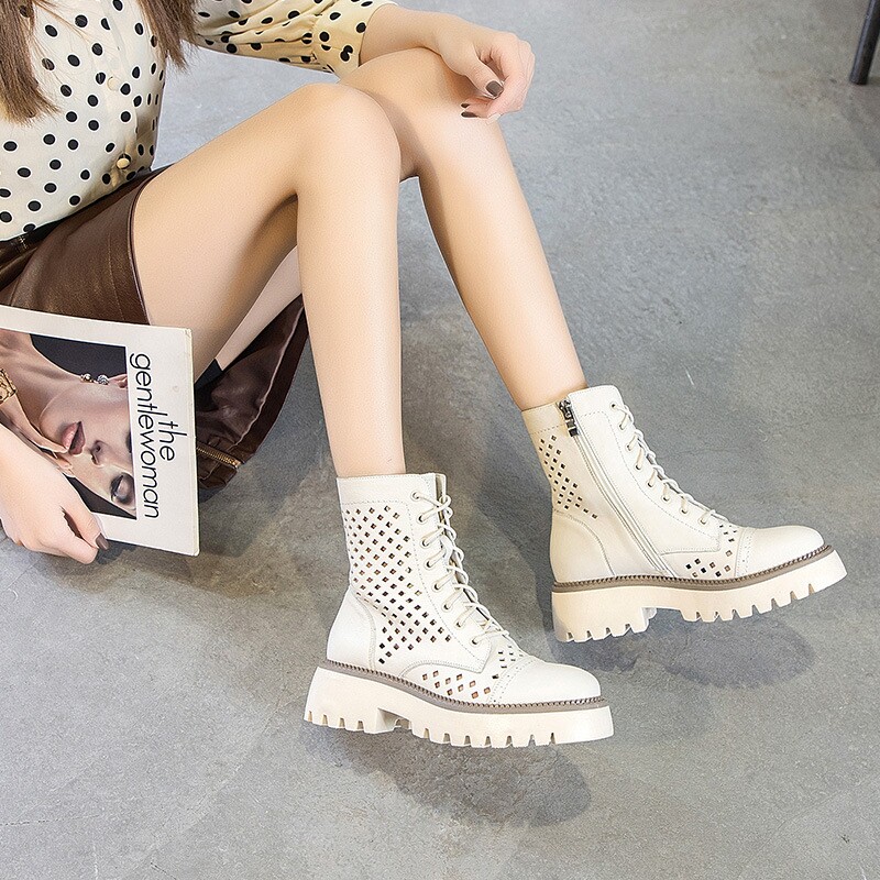 Leather sandals women's spring, summer and autumn breathable hollow boots thick-soled heightened hole shoes all-match mesh Martin boots cowhide