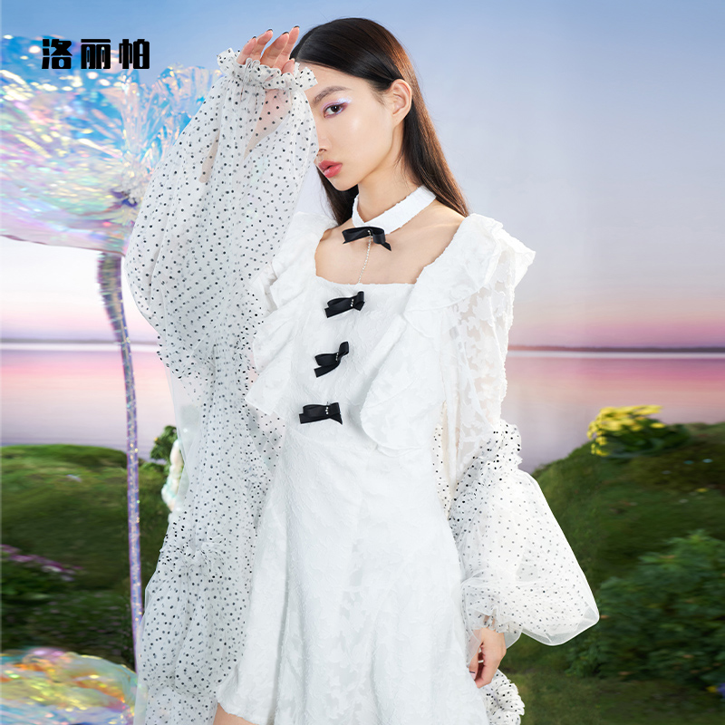 Loripa women dressed with a neck butterfly - tied dress 2022 Spring and Autumn new style white dress