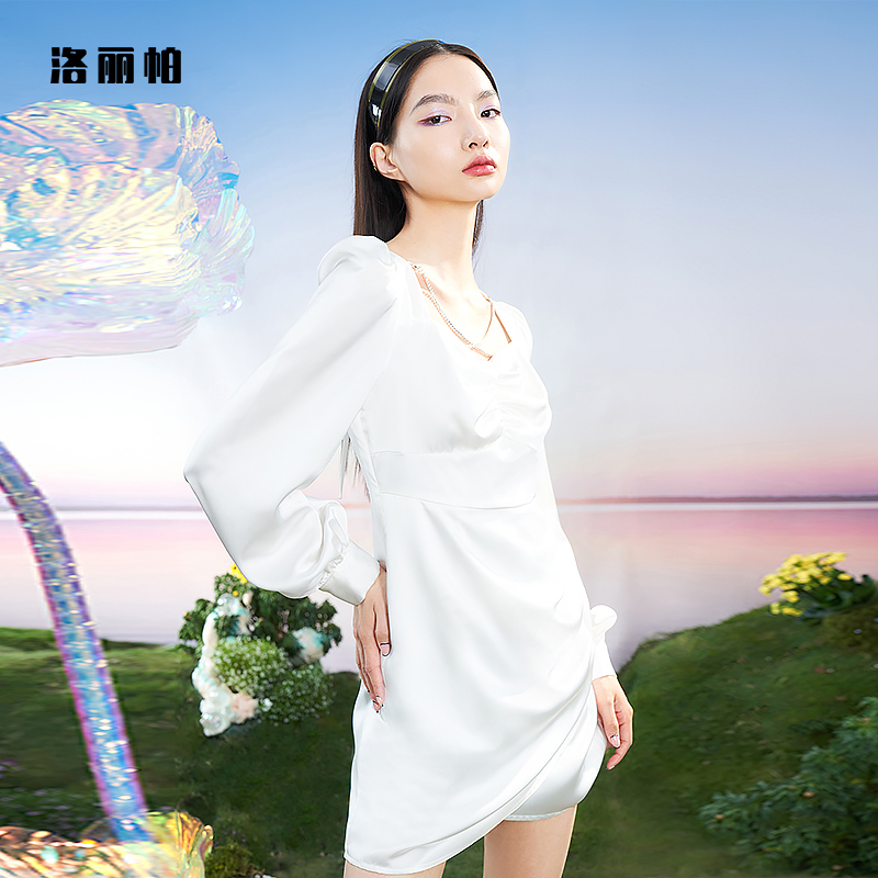 Loripa women's cross - chain white dress 2022 - spring new bubble sleeve short skirt temperament square collar skirt