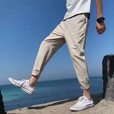 Casual pants men Japanese trend summer 9 ankle-length pants boys small feet solid color loose thin sports Haren pants