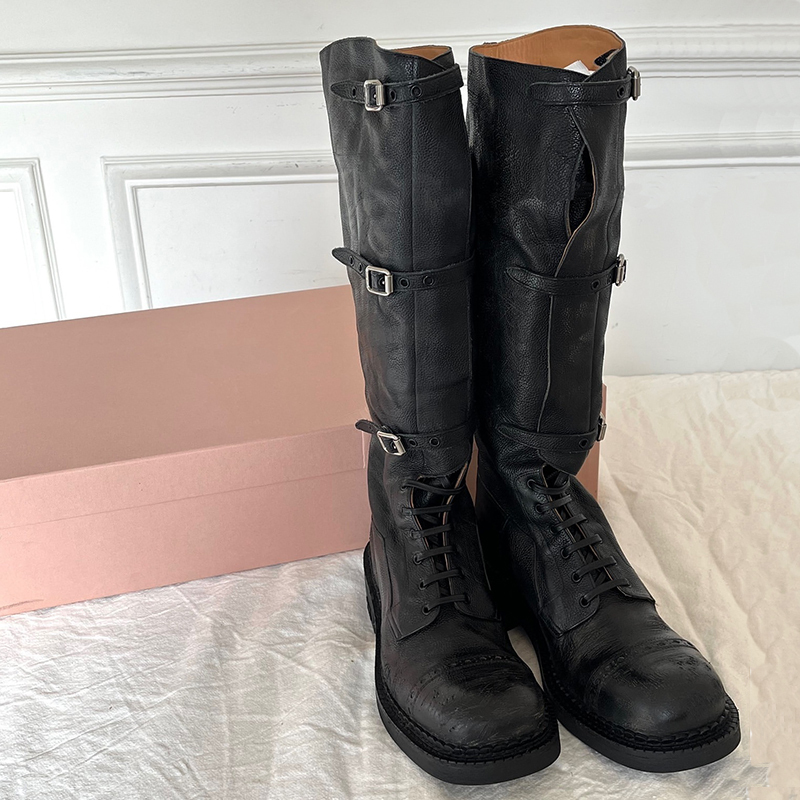 Hao Version! Miu Battle-Damaged Style Thick-Soled Over-The-Knee Long Boots, Vintage Distressed Martin Boots with Buckle, Women's Riding Boots Hao Version! Miu Battle-Damaged Style Thick-Soled Over-The-Knee Long Boots, Vintage Distressed Martin Boots with Buckle, Women's Riding Boots