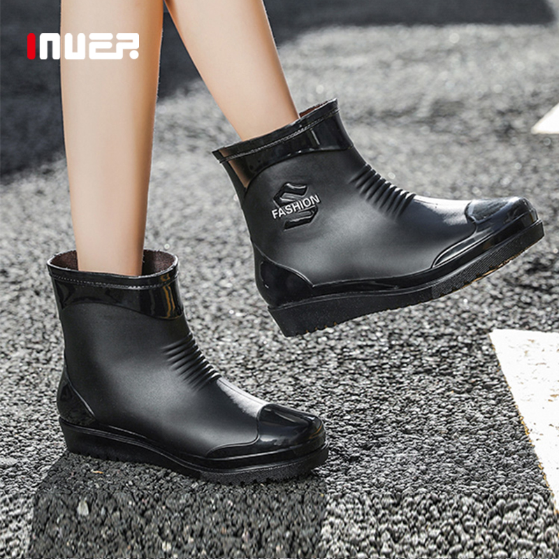 Winter Rain Shoes Women Fashion Models Outwear Thickened Garneled Warm Rain Boots Waterproof Shoes Anti Slip Rubber Shoes Short Cylinder Cotton Water Shoes