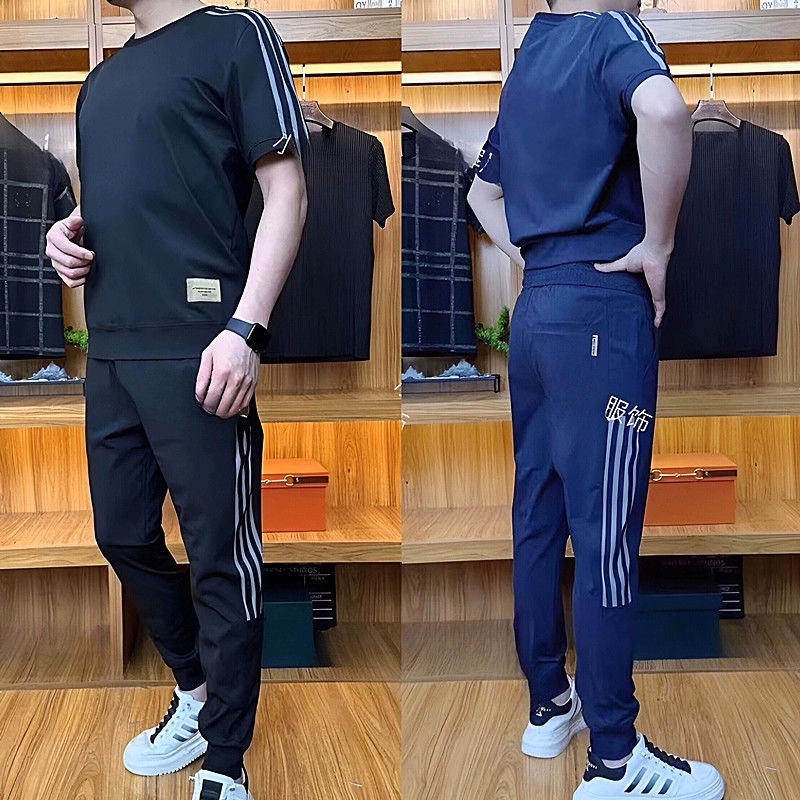 Dark Blue Summer Men's Short-Sleeved Long Pants Sports Suit with Three Stripes, Thin, Breathable, Casual Two-Piece Set, Trendy