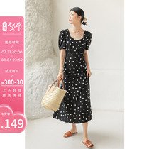 Method Silk Alu Style Black Polo Dot Dress Woman Summer Short Sleeve Design Sensation Retro Heben Wind casser-length Waist Long Skirt