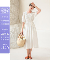 Fascia French style square collar dress woman summer short sleeve first love little white dress Retro gentle temperament white long dress