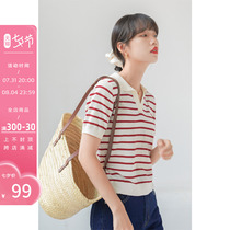 Fassilu striped stitch sweatshirt female summer new V collar short sleeve design sense slim crowdlaw vintage blouse