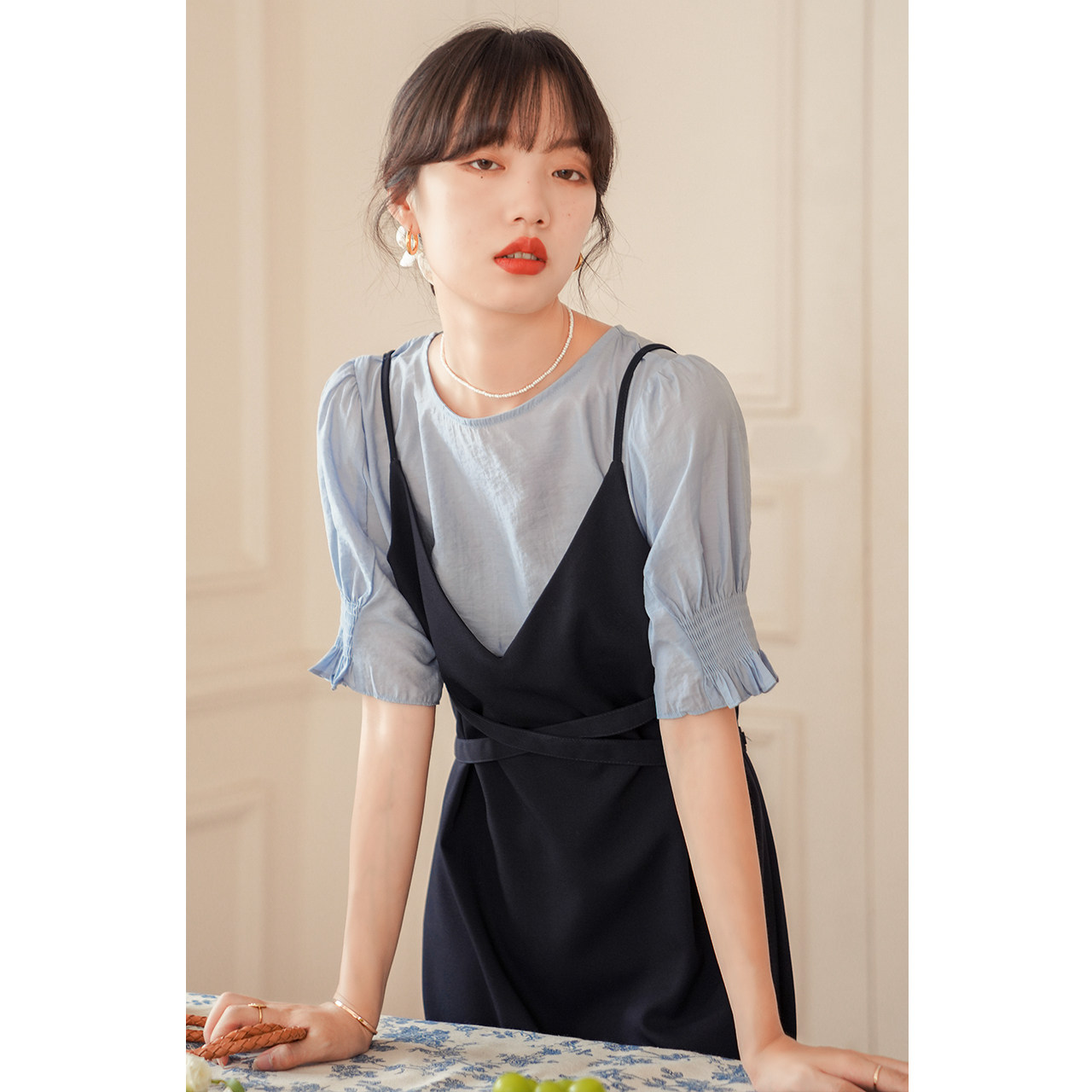 Fasilu fake two-piece suspender dress women's 2020 summer new waist thin temperament French midi dress
