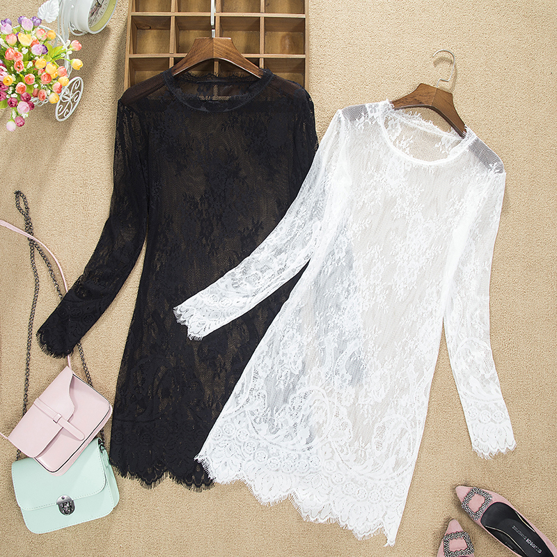 2026 Spring and Autumn Women's High-Neck Mesh Long-Sleeve Versatile Hollow Lace Dress Base Shirt Stylish Mid-Length 2026 Spring and Autumn Women's High-Neck Mesh Long-Sleeve Versatile Hollow Lace Dress Base Shirt Stylish Mid-Length