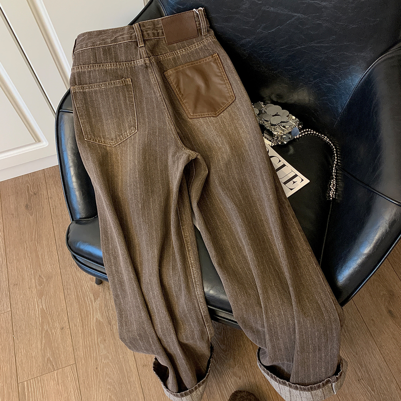 Brown Denim Pants for Women, New Spring and Autumn Style, Vertical Stripe Texture, Leather Patchwork Pockets, High-Waisted, Casual Straight-Leg Wide-Leg Pants