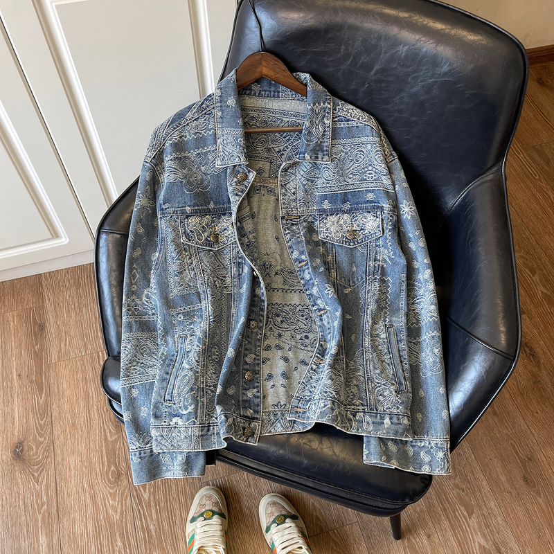 Very Stylish Blue Denim Jacket for Women, Autumn Wear, Loose Oversize, Lazy Style, Paisley Jacquard Jacket