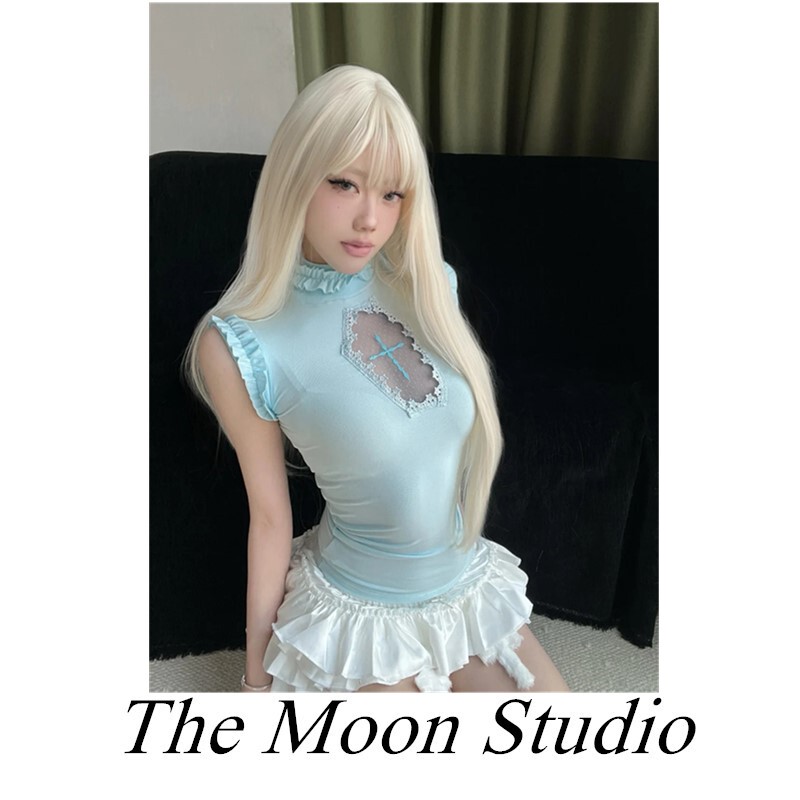 Y2K Millennium Light Blue Cross Hollow Slim Fit T-Shirt for Women Summer Subculture Punk Waist Slimming Tank Top Hot Girl