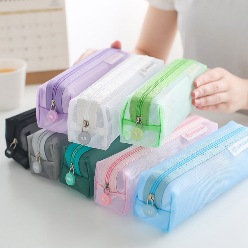 Simple transparent mesh pencil bag for primary school students with exam stationery bag Korean boys and girls small fresh and cute junior high school students high school students multi-functional mesh zipper pencil bag children's large-capacity pencil case