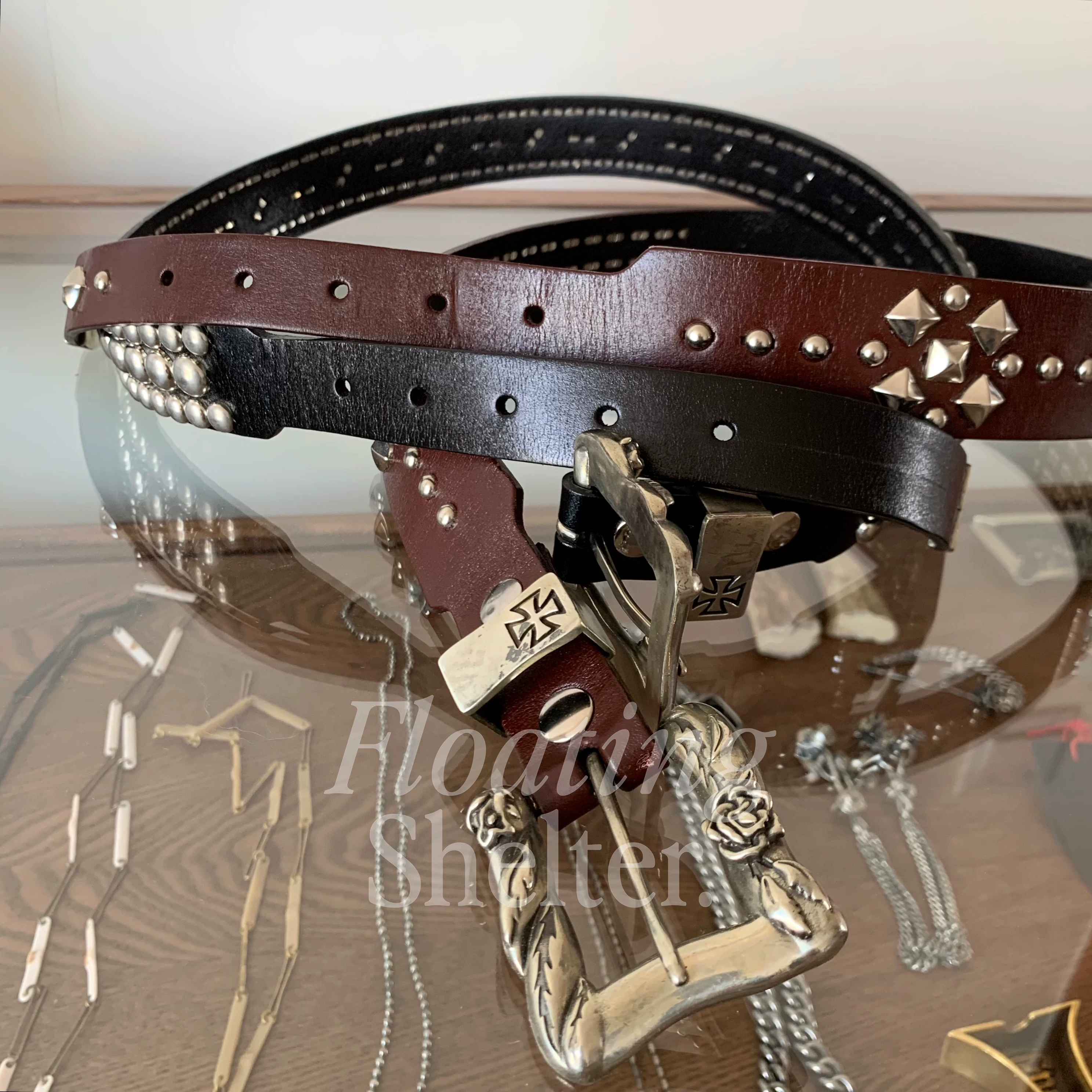 Leather denim belt, cowhide, punk style