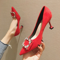 Single shoes female 2021 summer tide shoes foreign atmosphere wild fairy Net red popular high heel shallow rhinestone square button high heels