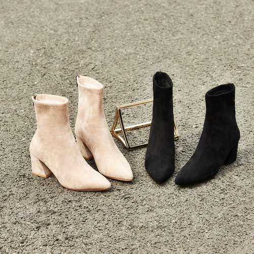 Короткие сапоги с молнией, высокие эластичные демисезонные черные флисовые ботинки с заостренным носом, пуля, 2019