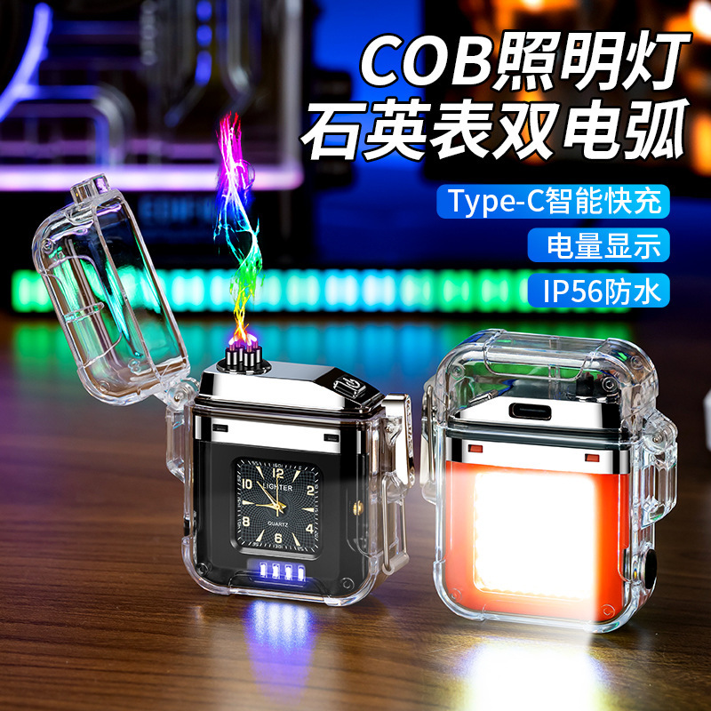 Quartz Watch Lighter Cob Lighting Waterproof Arc Charging USB Windproof Lighter Tiktok Transparent Arc