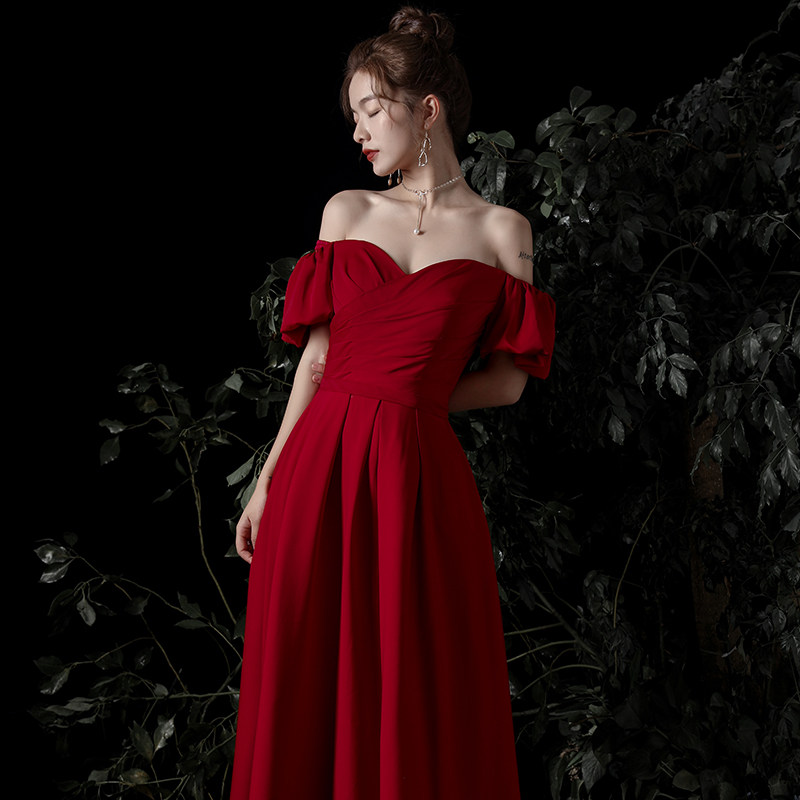 Toast bride 2020 spring bride dress modern simple air banquet wine red evening dress shoulder