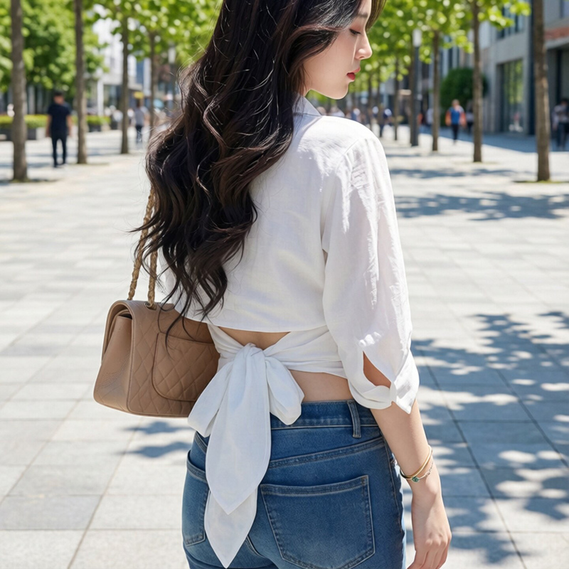 Lazy Style Pure White Linen Waist-Revealing Butterfly Tie Shirt for Women, Versatile Spring/Summer Top with Unique Design
