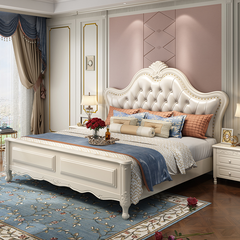 European-Style Solid Wood Bed Double 1.8m White Modern Minimalist Storage Bed 1.5m American-Style Wedding Bed Bedroom Princess Bed