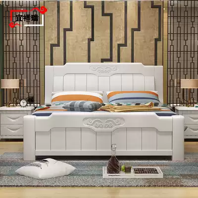 New Chinese style full solid wood bed 1 8 meters white master bedroom Modern simple double bed 1 5 storage high box oak bed