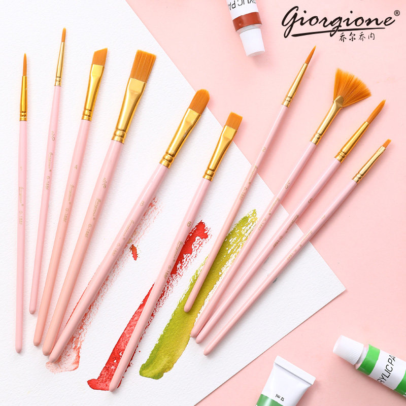 Giorgione Bird language series Nylon 10-pack watercolor gouache oil painting acrylic brush set Pink beginner adult fan-shaped pen Professional art painting Kindergarten round pointed hook line pen
