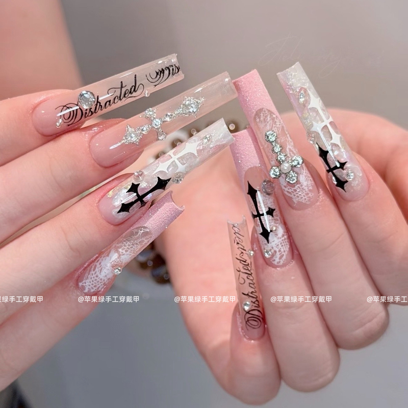 【Sacred Mark Crow】Pink Light Luxury Sweet Cool Crow Cross Decoration Heart French Style Handmade Wearable Nail Art Stickers 【Sacred Mark Crow】Pink Light Luxury Sweet Cool Crow Cross Decoration Heart French Style Handmade Wearable Nail Art Stickers