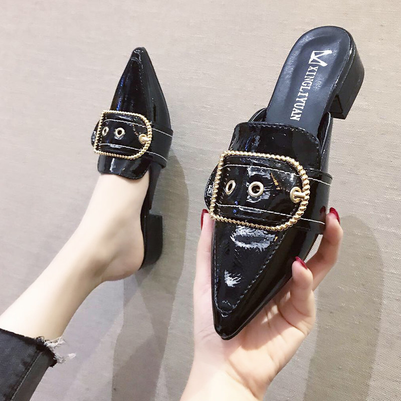 2022 spring new Korean version fashion belt buckle all-match patent leather pointed toe low-heeled women's shoes outer half slippers women