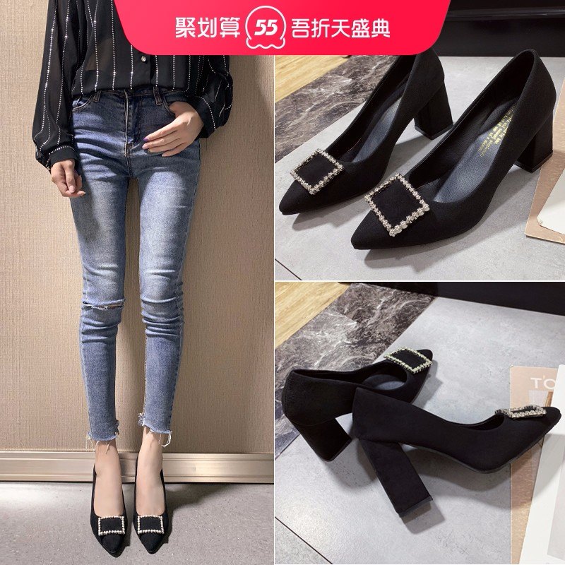 High heels women thick heel 2021 new wild work women shoes black medium heel leather shoes pointed suede single shoes
