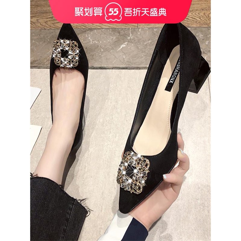 Net red high heels womens single shoes in spring 2021 new fashion square head shallow mouth wild thick heel retro grandma shoes