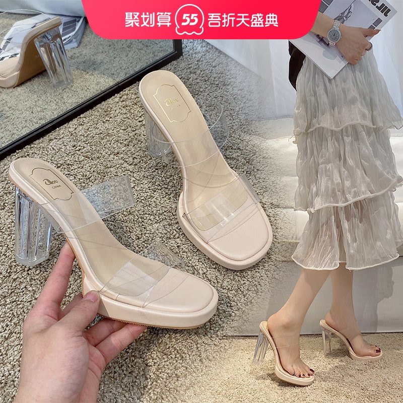 2021 spring new outer penetrating clear word with high heels female waterproof platform crystal thick heel small size cool slippers