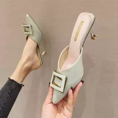 2021 spring new Joker girl cool tow Fashion Net red bag head high heels women thin with pointed tip outside wearing slippers