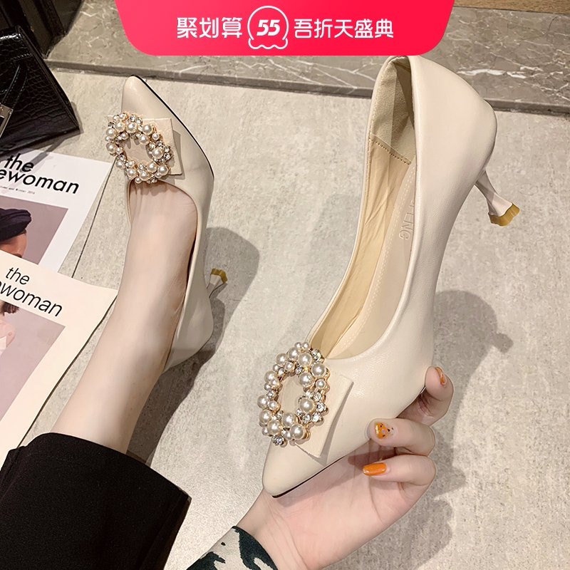 French small heels women thin heel 2021 spring new black professional wild do not grind feet soft leather pointed shoes