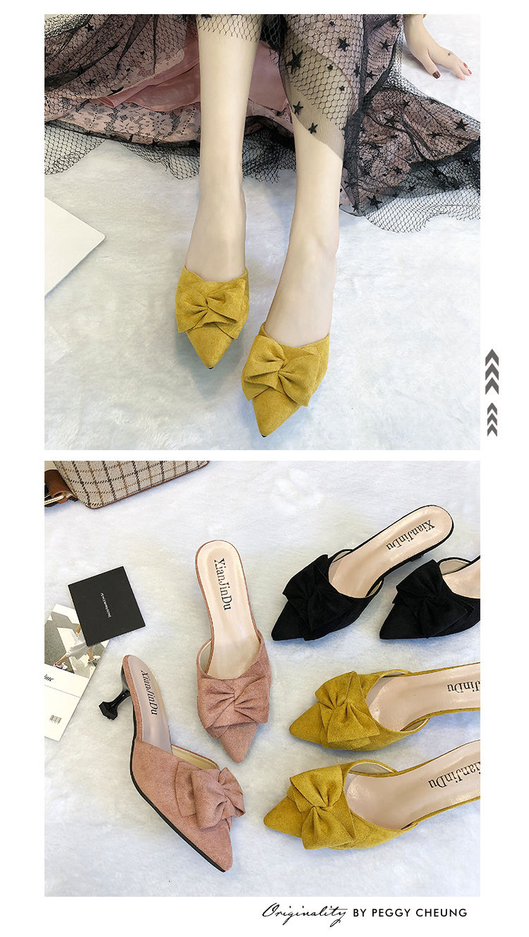 Giày cao gót nữ 2019 mùa hè mới phiên bản Hàn Quốc đẹp với nơ cổ Mules Giày đế bệt sandal nữ bitis