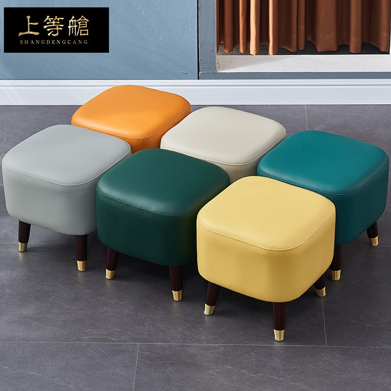 Leather sofa stool changing shoe stool footrest small leather stool household first layer cowhide living room high-end light luxury low stool door pier
