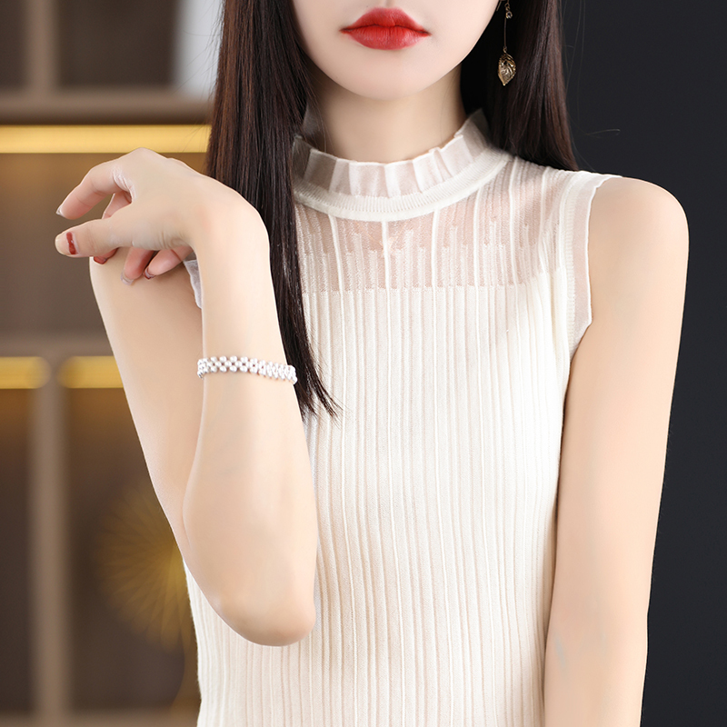 French-Style Sleeveless Lace Collar Vest for Women, Wool Half-High Collar Inner Layer for Suits, White Top, Lace Knit Base Shirt