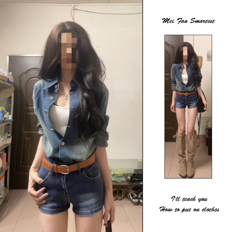 American-Style Spicy Girl Denim Shirt Set for Women, Spring and Autumn French-Style Top, High-End, Age-Reducing, Stylish Shirt Two-Piece Set
