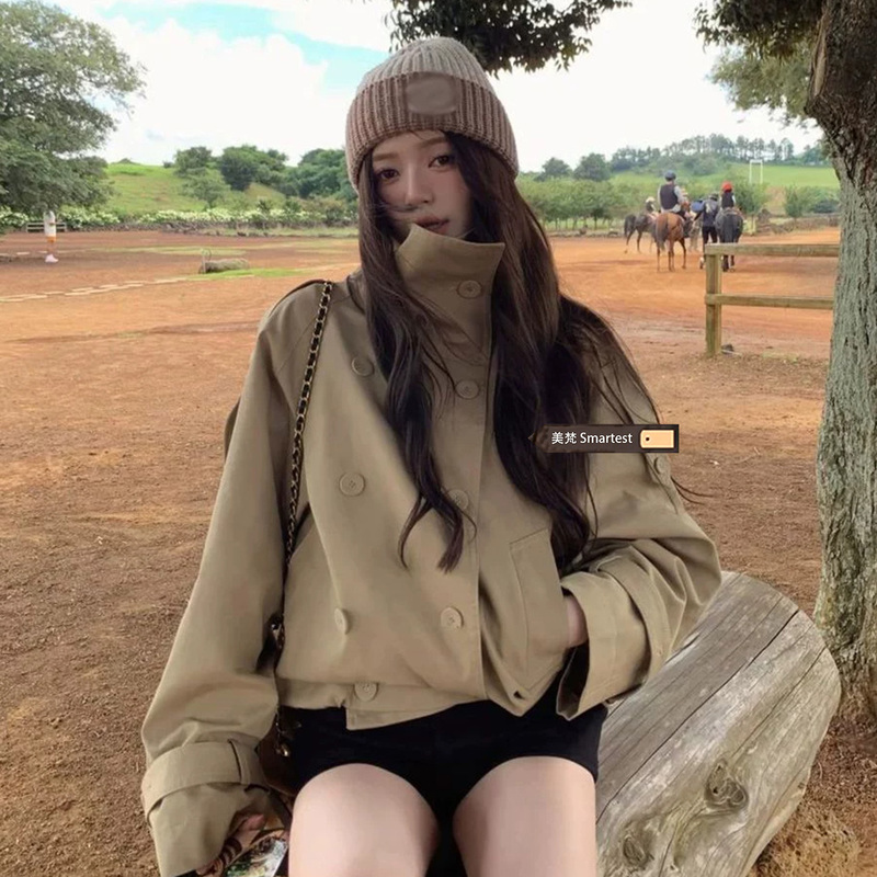 Retro British Style Stand-Up Collar Short Windbreaker Women's Autum Silhouette Jacket Double-Breasted Loose Casual Jacket Trendy Top