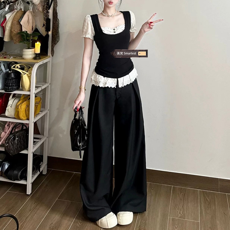 Korean Style Black Lace Fake Two-Piece Short-Sleeved T-Shirt for Women, Summer Hot Girl Short Puff Sleeve Top and Casual Pants Set Korean Style Black Lace Fake Two-Piece Short-Sleeved T-Shirt for Women, Summer Hot Girl Short Puff Sleeve Top and Casual Pants Set