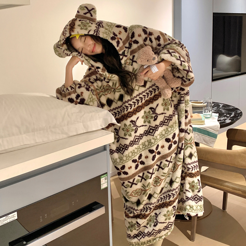Fair Isle Large Robe for Autumn and Winter, Coral Fleece, Unisex, Hooded, Long Nightgown, Thickened Flannel, Can Be Worn Outside Fair Isle Large Robe for Autumn and Winter, Coral Fleece, Unisex, Hooded, Long Nightgown, Thickened Flannel, Can Be Worn Outside
