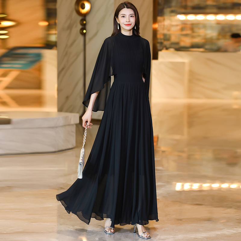 Cape Long Dress, Flared Knee-Length Dress, Beach Vacation Women's Chiffon Dress, Waist-Cinching and Slimming