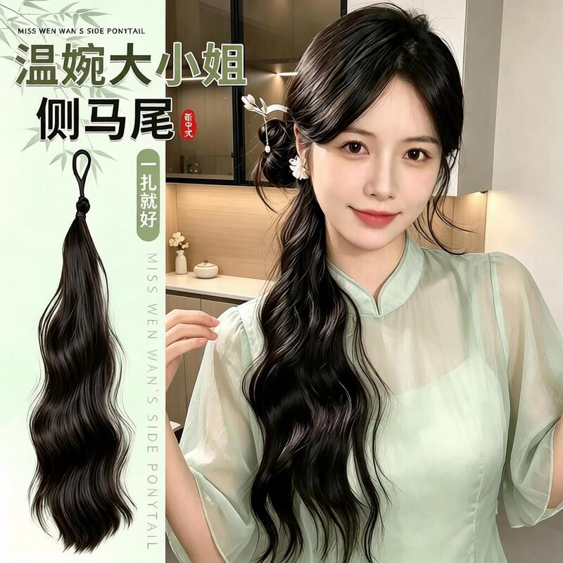 Gentle and Elegant Side Ponytail Wig with Added Hair Strands, New Chinese-Style Long Braid Hair Accessory with Textured Slightly Curly Elastic Ponytail Gentle and Elegant Side Ponytail Wig with Added Hair Strands, New Chinese-Style Long Braid Hair Accessory with Textured Slightly Curly Elastic Ponytail