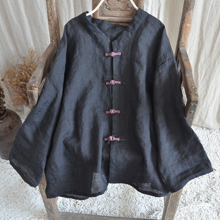 Original Chinese literary and art-linen-collar shirt Spring Guangdong Retro-loose Sweater Clothes