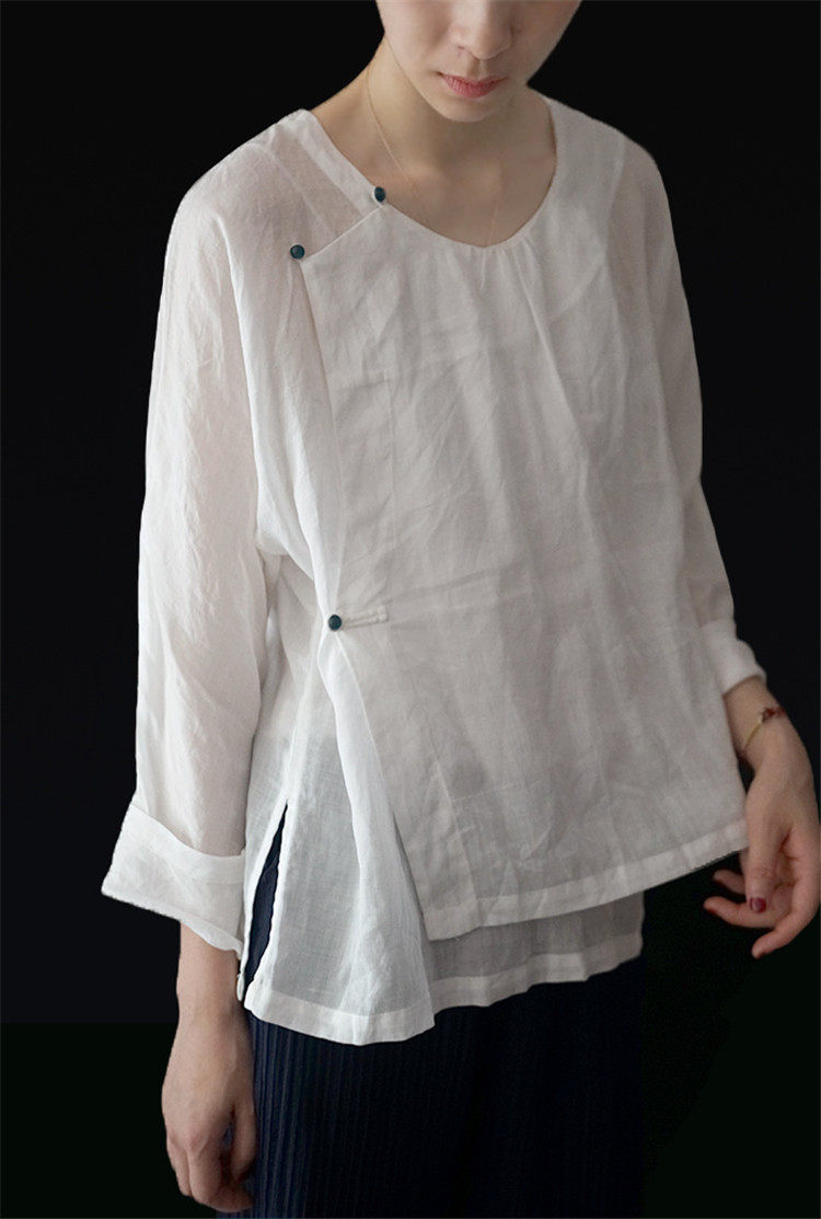 Original national style literary women's slanted hemp irregular long-sleeved shirt retro linen short Chinese top
